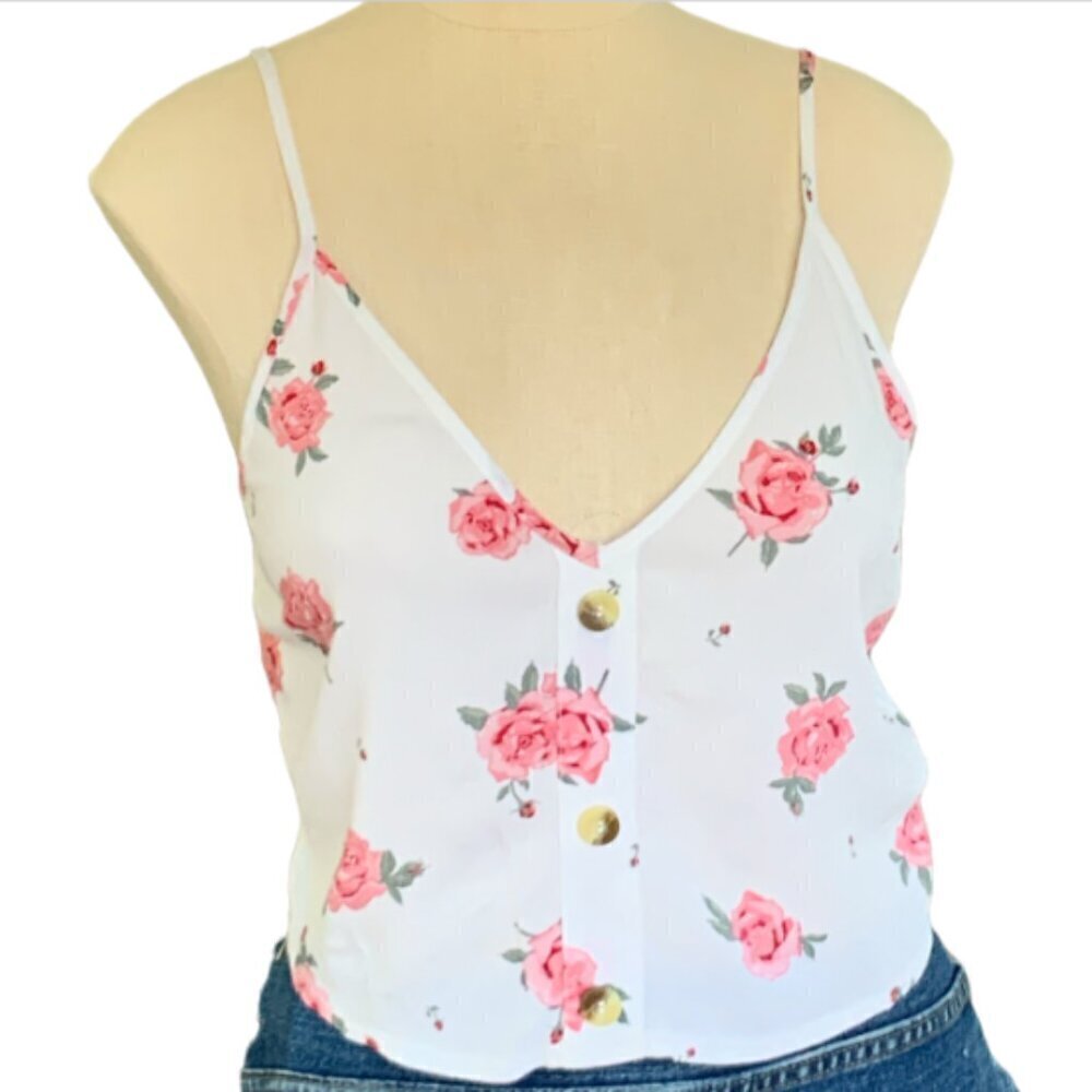 Divided H&M‎ Pink-Rose Print on White Crop Camisole Top Sz 10 #31A